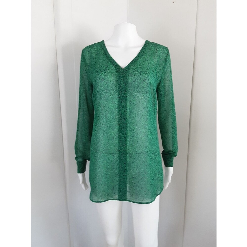 CAbi Bountiful Green Vines Paisley V-Neck Semi-Sheer Long Sleeve Tunic Top Sz S